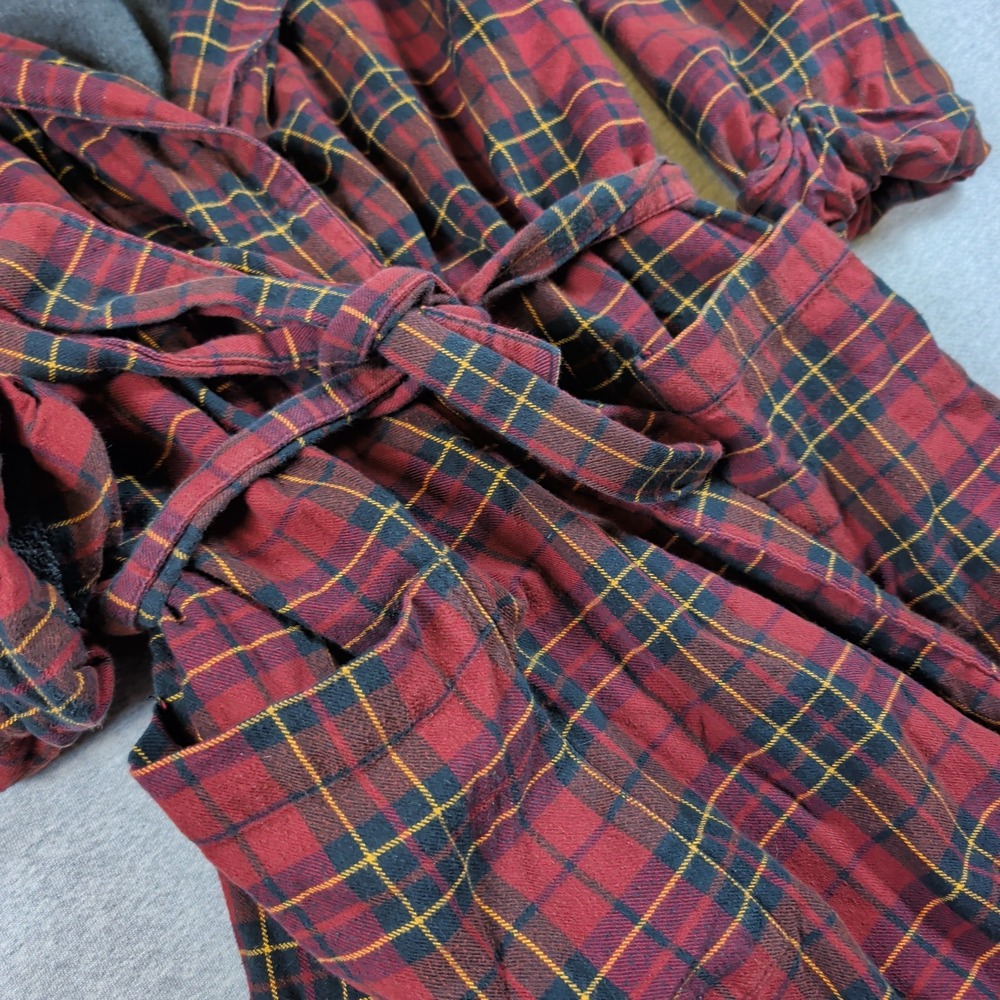 LL Bean Mens Flannel Robe Fleece Lined Red Plaid Cotton Pajamas Medium Regular - Picture 4 of 6